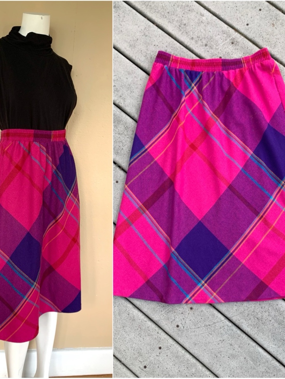 Vintage Neon Pink Midi Skirt | 70s Plaid Wool A-Line Skirt